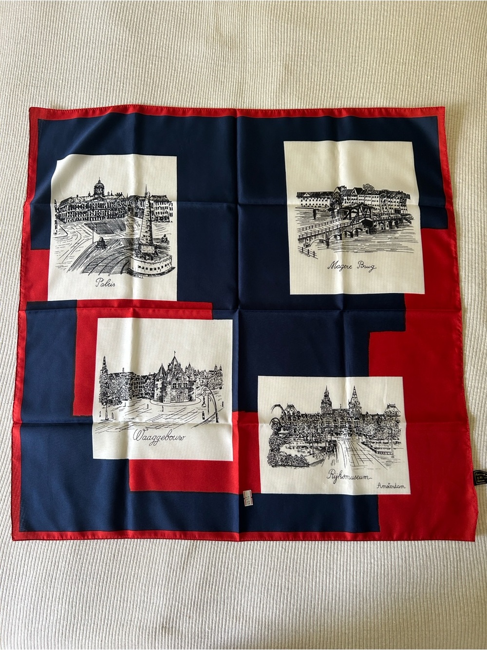 Vintage Amsterdam Holland Landmark Twill Scarf NWOT Red Navy 26 3/4”Square